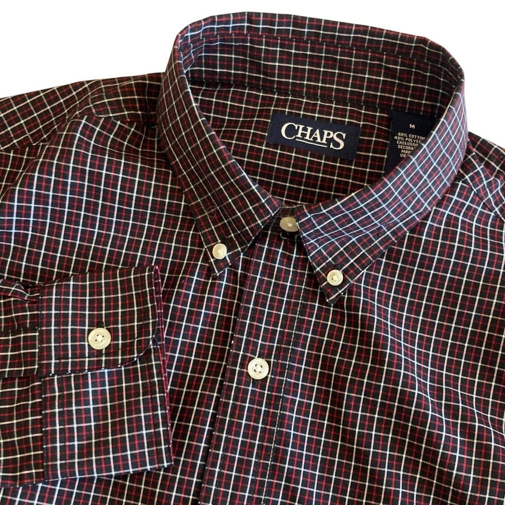 NWOT Chaps Shirt Men Medium‎ Black Red Plaid Button Down Long Sleeve Cotton